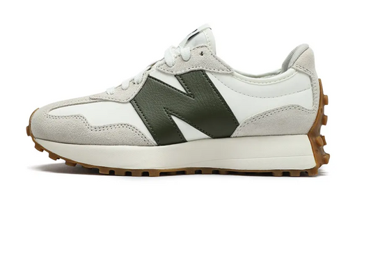 New Balance 327 Blanc/Gris avec Vert Olive